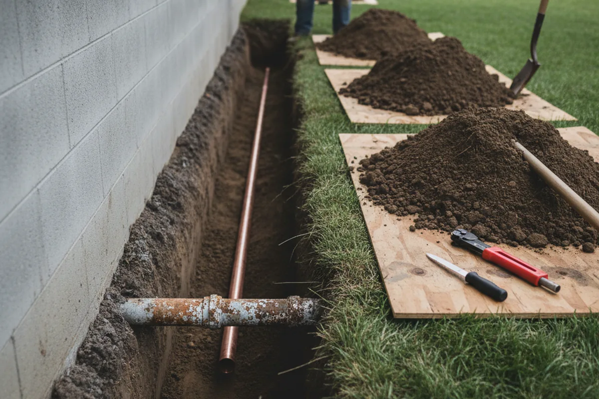 Excavated water line trench during Sewer Line Repair in Walnutport